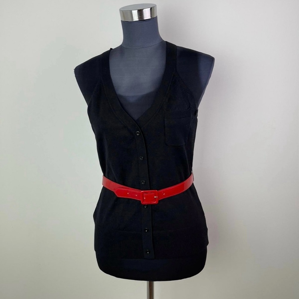 Bebe Black Plaid Multicolor Belted Sleeveless blouse with Red Belt